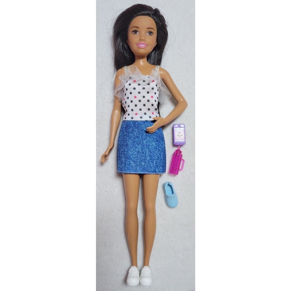 2018 Barbie Babysitters Skipper Doll FXG92 Polka Dot Top Denim Dress Black Hair